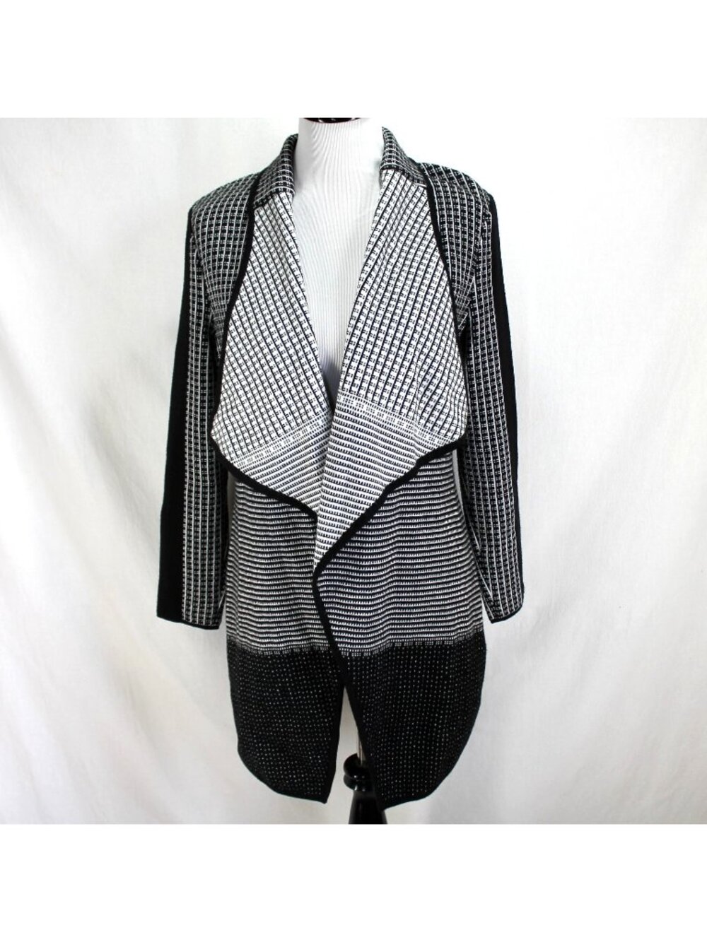 Ming Wang Cardigan Sweater Womens Size XS Black White Open Front Long Sleeve